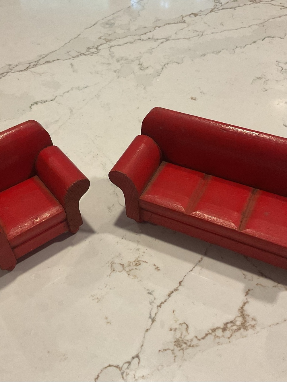 Antique STROMBECKER 1930’s Red Wooden Sofa & Armchair Dollhouse furniture